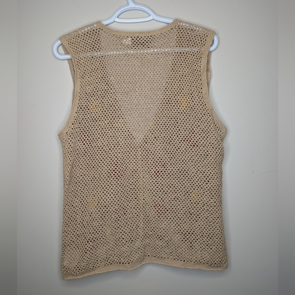 Vintage Medium Beaded Macrame Tan Beige Button Front V-neck Women's Vest *FLAWS - Picture 2 of 12